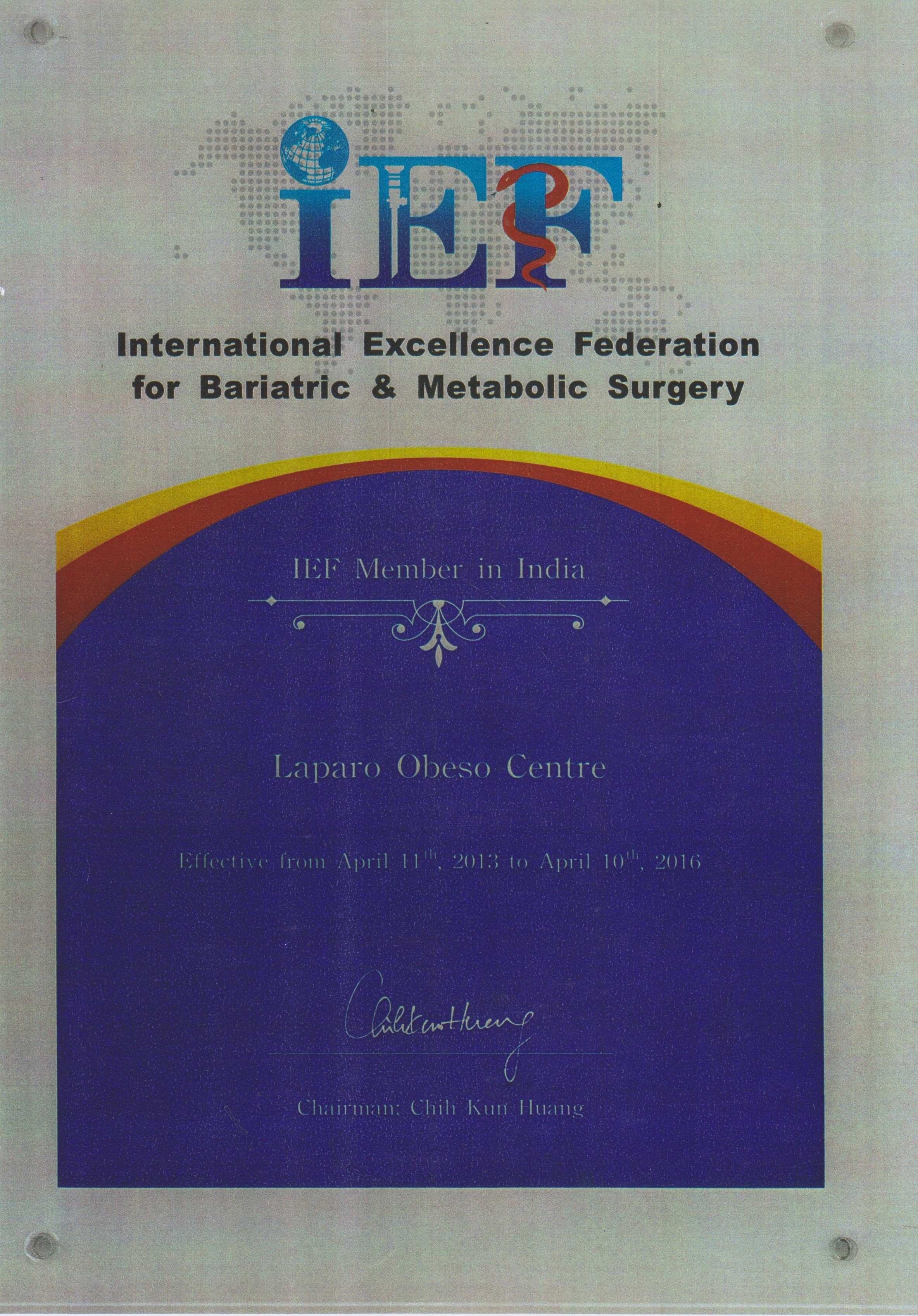 Laparo Obeso Centre is the International Excellence Federation (IEF) Member, India from 2013-2016.